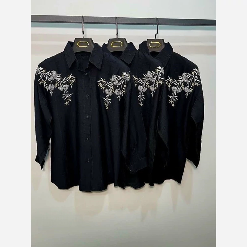 شومیز مانتویی زنانه مشکی گلدوزی سایز(38 تا 46 کد 831190