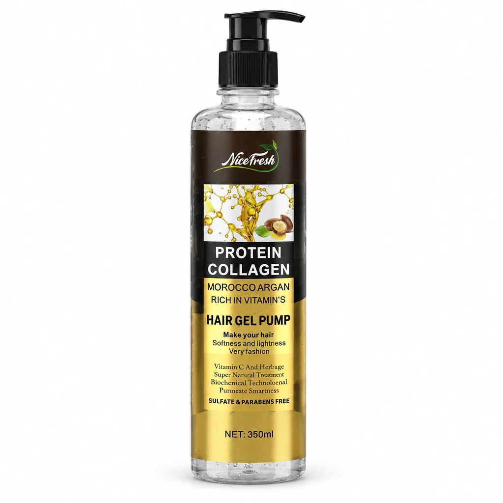 ژل موی پمپی نایس فرش (NiceFresh) مدل پروتئین کلاژن - مغذی با روغن آرگان مراکش | 350 میلی حالت دهی قوی با خواص مواد