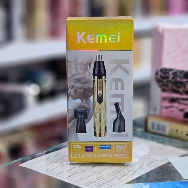 ست اصلاح صورت کیمی مدل KM-133 بدنه فلزی دارای سه سری شامل موزن بینی و گوش، سری خط زن و سری اصلاح ابرو