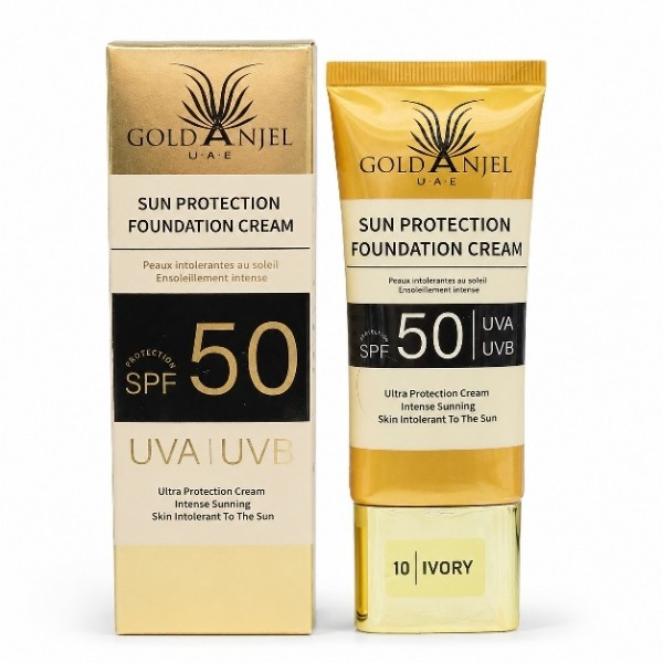 ضد آفتاب کرم پودری گلد آنجل اورجینال حجم60 میل SPF50 درصد بافت سبک و نرم کاور عالی حاوی هیالورونیک اسید