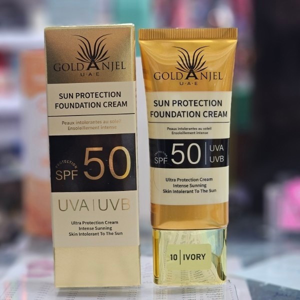 ضد آفتاب کرم پودری گلد آنجل اورجینال حجم60 میل SPF50 درصد بافت سبک و نرم کاور عالی حاوی هیالورونیک اسید