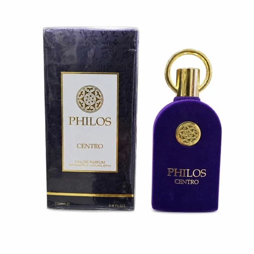 ادکلن فیلوس سنتر (PHILOS CENTRO) ادو پرفیوم عطر یونیسکس با بطری مخملی بنفش و جعبه مشکی حجم 100 میل