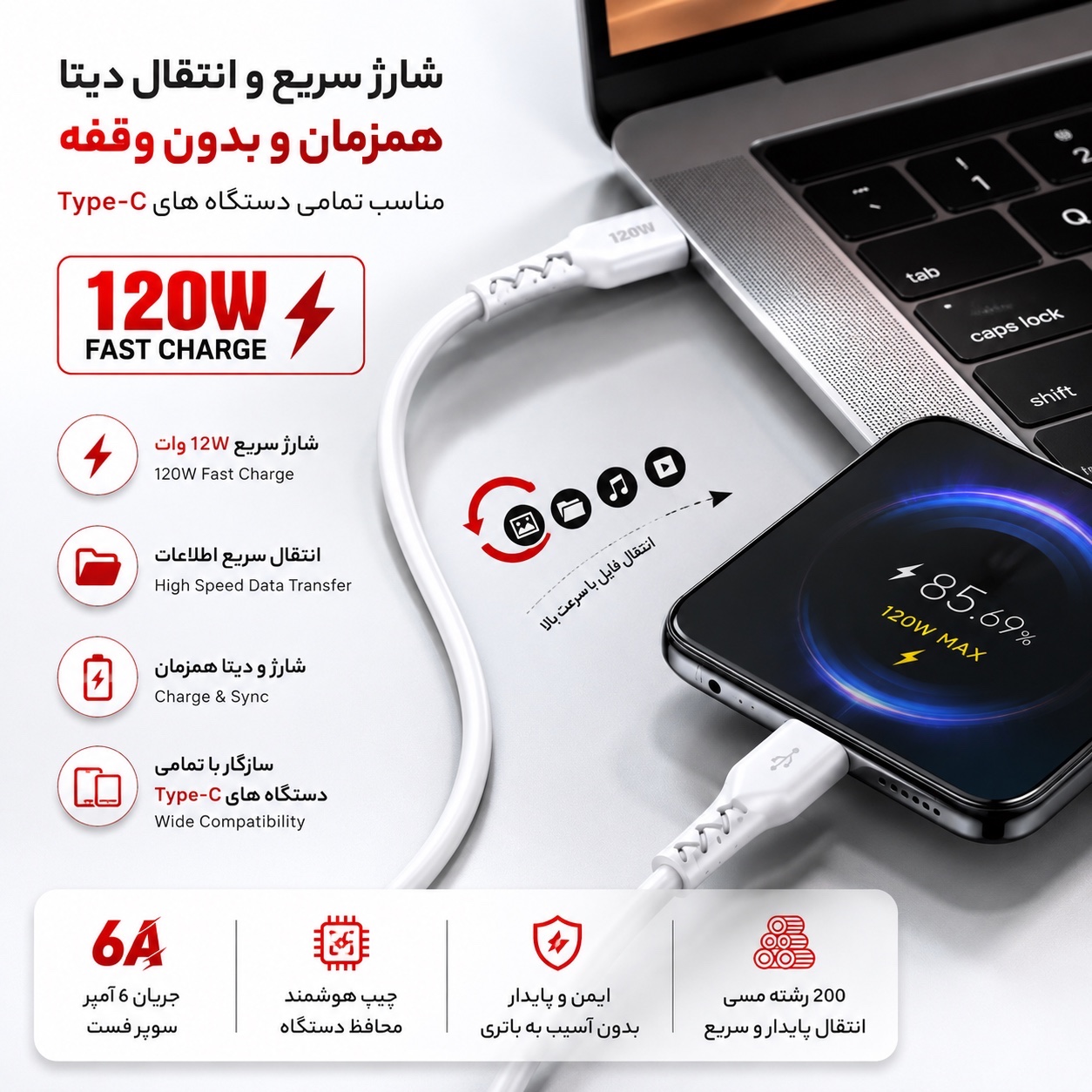 کابل شارژ سریع 120 وات Type-C سیلیکونی، نرم و فوقالعاده مقاوم