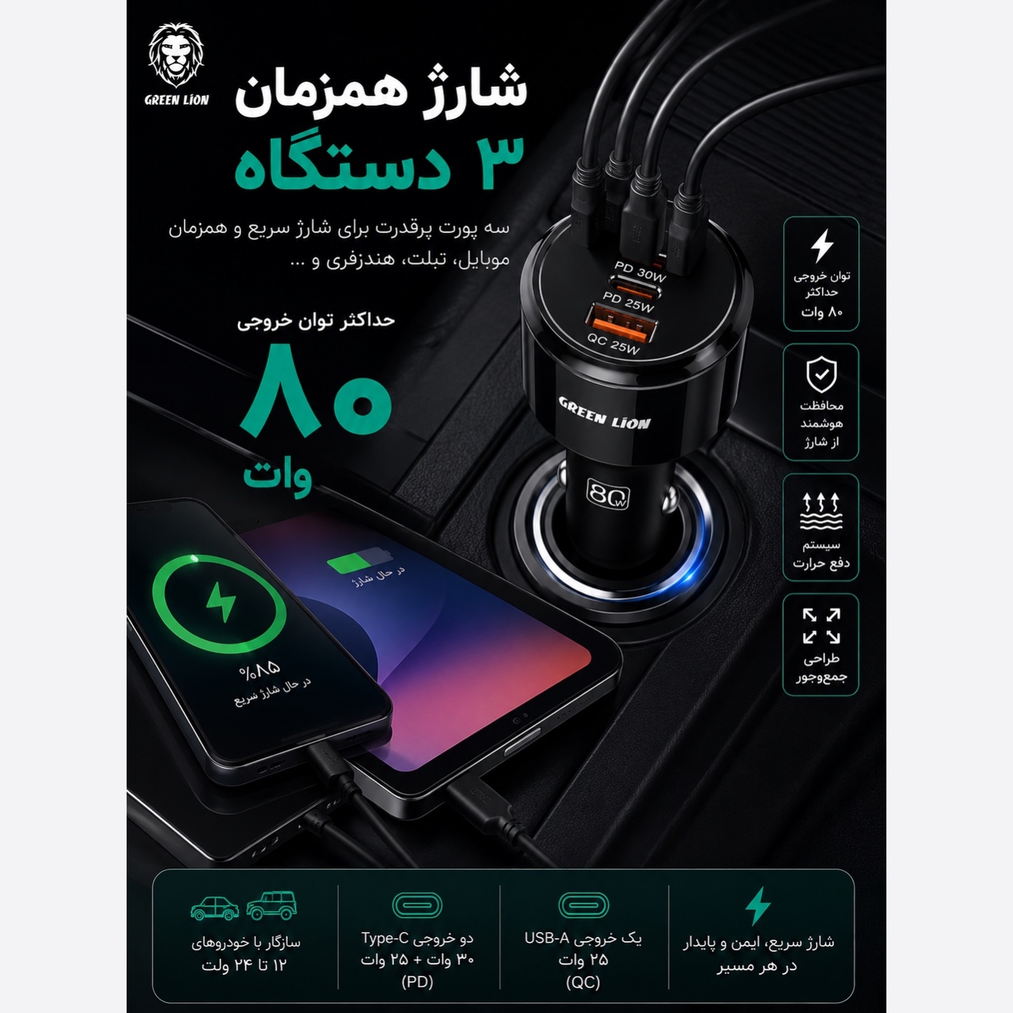 شارژر فندکی Green Lion Roadex 80W شارژ سریع 3 دستگاه بهصورت همزمان