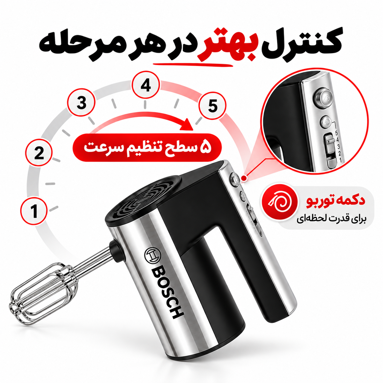 همزن دستی بوش BS-368 600 وات، 5 سرعته با توربو و سری خمیرزن