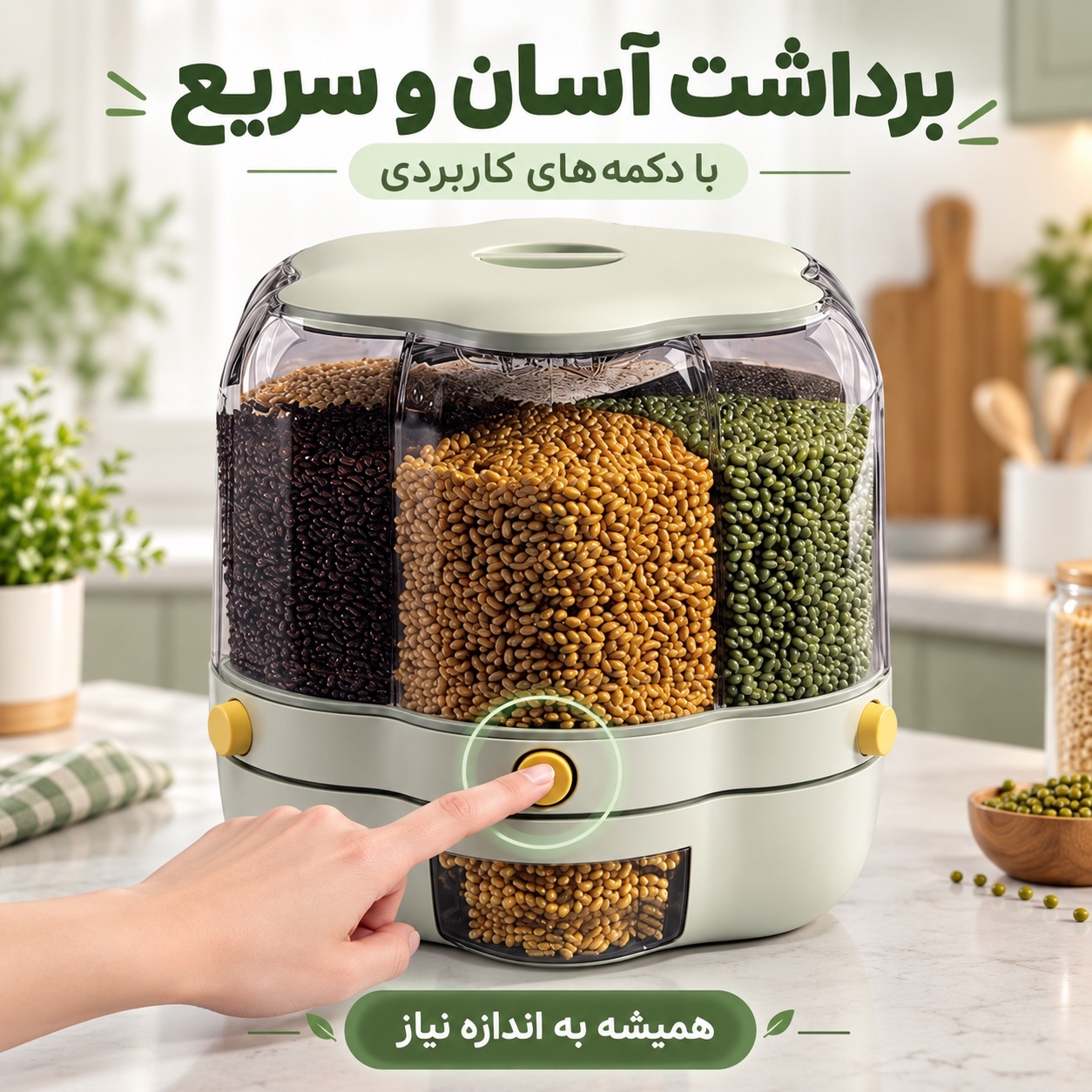 بانکه چرخشی جا حبوباتی و جا برنجی 10 لیتری چندمحفظه، برداشت آسان و بهداشتی