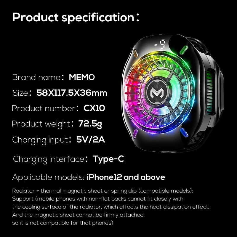 فن خنک کننده گیمینگ موبایل MEMO CX10 RGB Pro مگنتی با نمایشگر دیجیتال