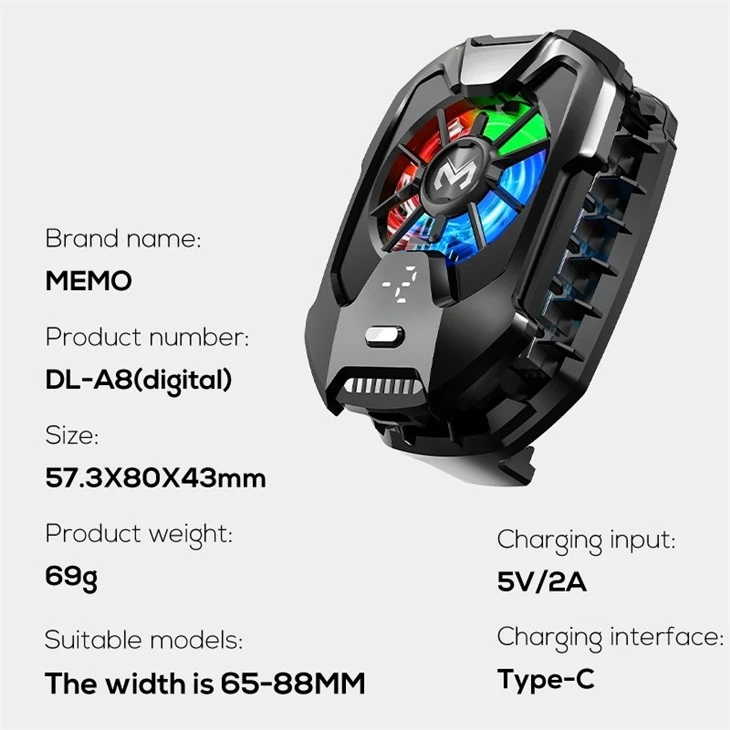 خنک کننده حرفه ای موبایل MEMO DLA8 ، فن 5500 دور + نمایشگر دما + نور RGB