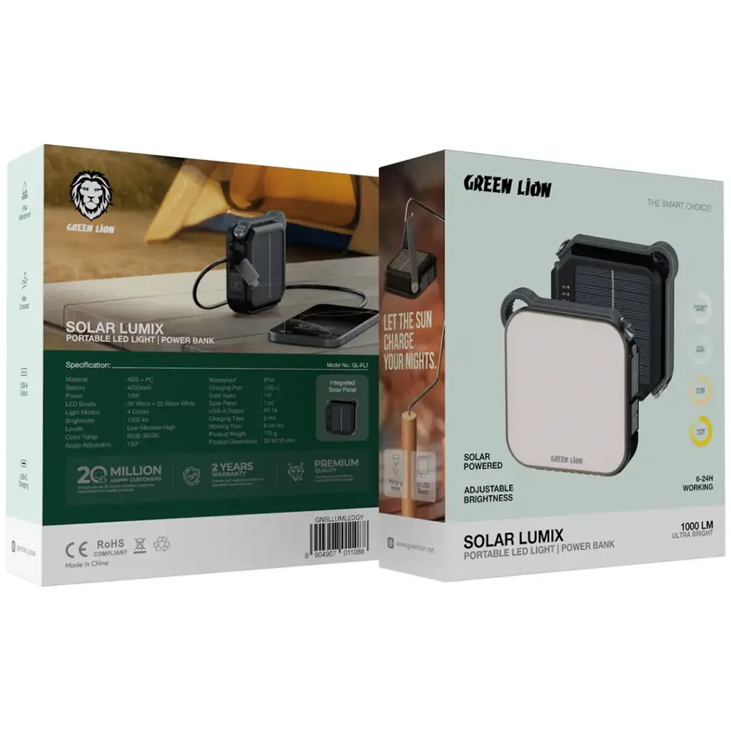 چراغ خورشیدی گرین لاین Solar Lumix روشنایی 1000 لومن + پاوربانک 4000 میلی آمپر