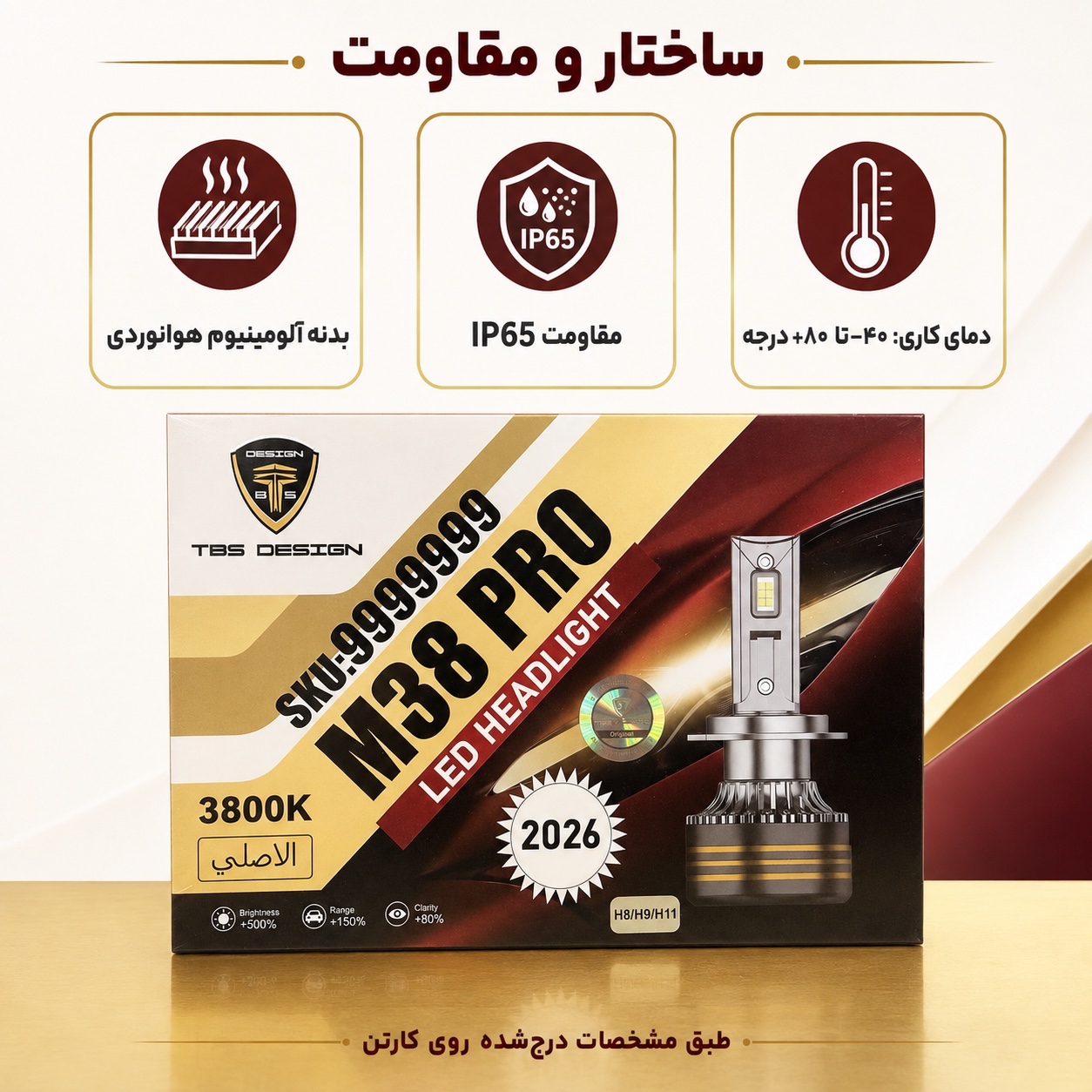 هدلایت TBS DESIGN M38 PRO مدل 2026 پایه H11 نور نچرال 3800 کلوین، توان 150 وات و 15000 لومن جفتی