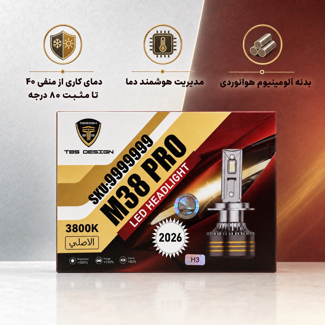 هدلایت TBS Design M38 PRO پایه H3 نور نچرال 3800K، توان 150 وات و روشنایی 15000 لومن جفت
