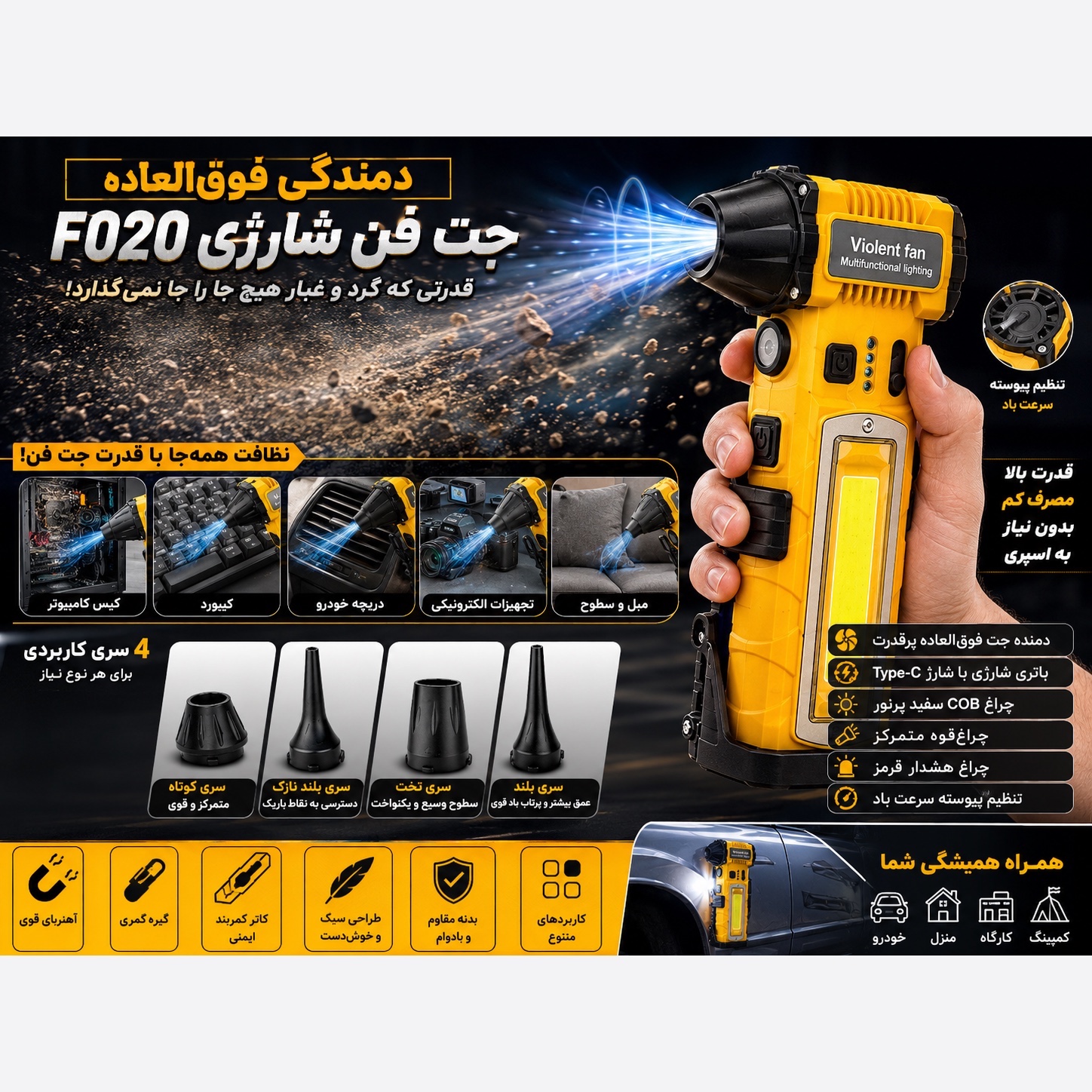 جت فن F020 وایولنت دمنده پرقدرت ، چراغ قوه COB، شارژر تایپ C و سری های کاربردی