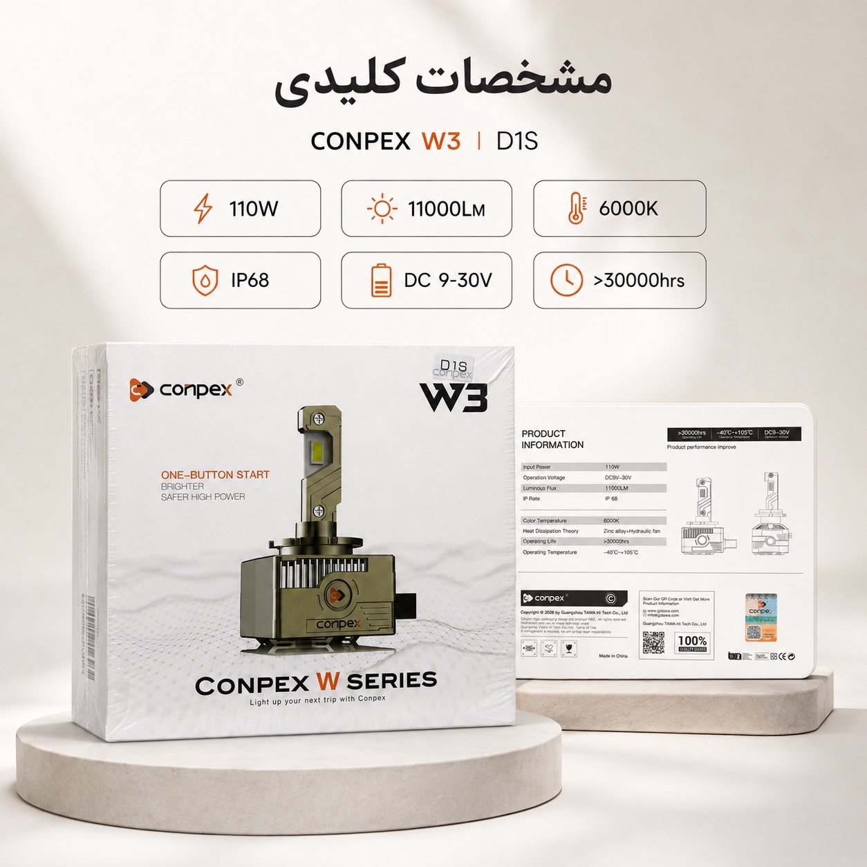 هدلایت کانپکس CONPEX W3 پایه D1S نور سفید 6000K