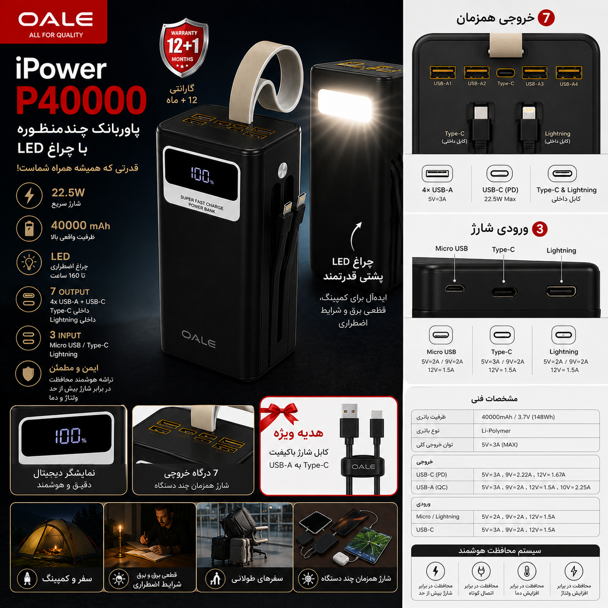 پاوربانک OALE P40000 غول شارژ 22.5 وات با چراغ LED و کابل داخلی