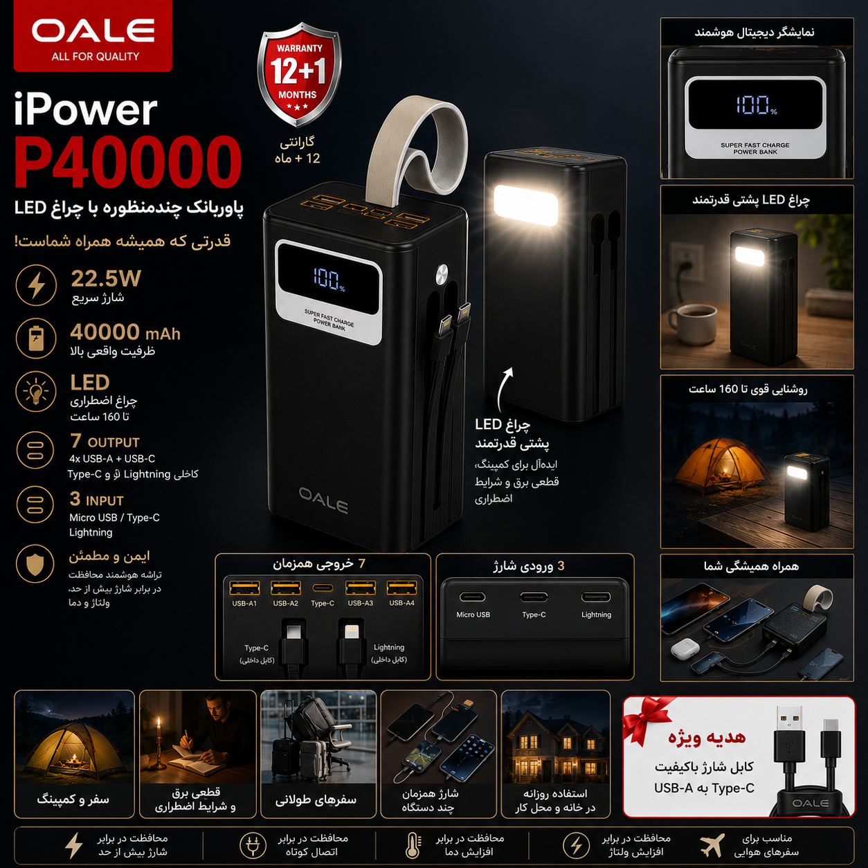 پاوربانک OALE P40000 غول شارژ 22.5 وات با چراغ LED و کابل داخلی