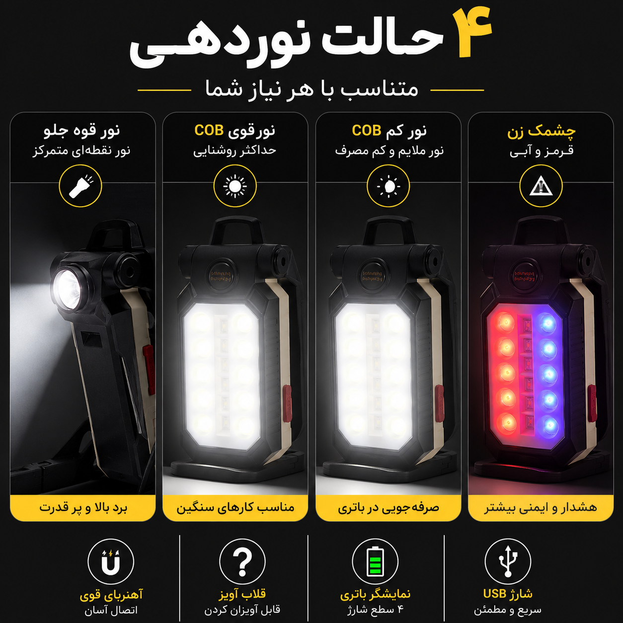 چراغ کار شارژی مگنتی نورافکن و چراغقوه دوکاره USB، پایه تاشو و قلاب آویز