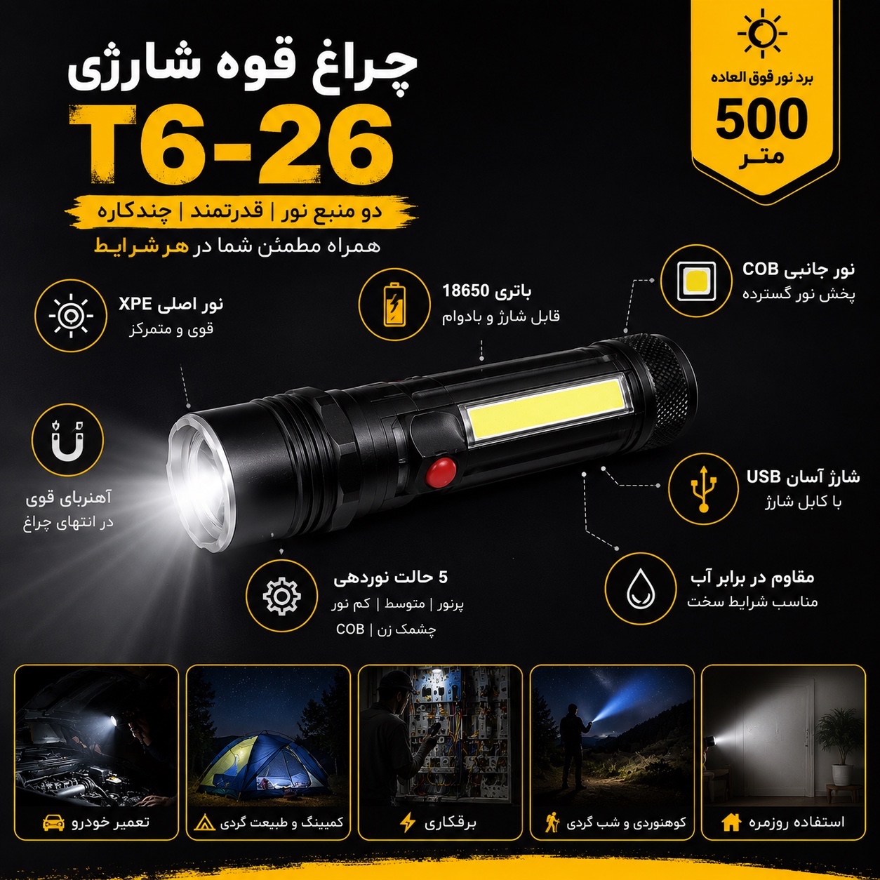 چراغ قوه شارژی T6-26 زومدار COB و XPE نور قدرتمند و شارژ USB
