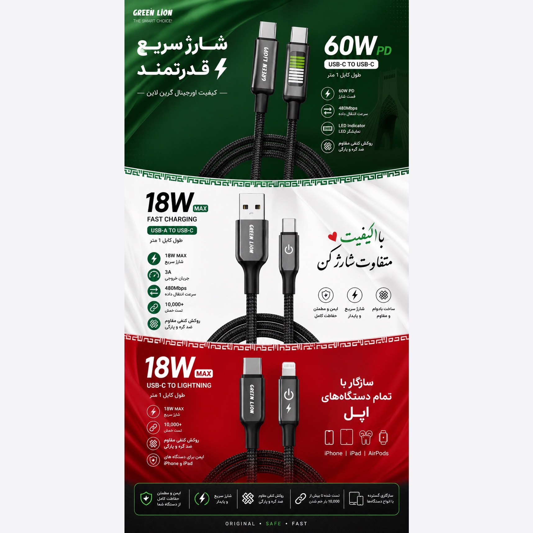 کابل شارژ Green Lion USB-C به USB-C فست شارژ 60 وات PD طول 1 متر روکش کنفی