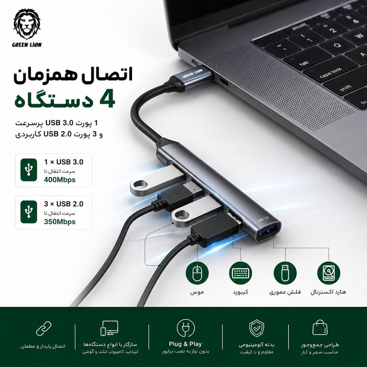 هاب 4 پورت Green Lion USB-C