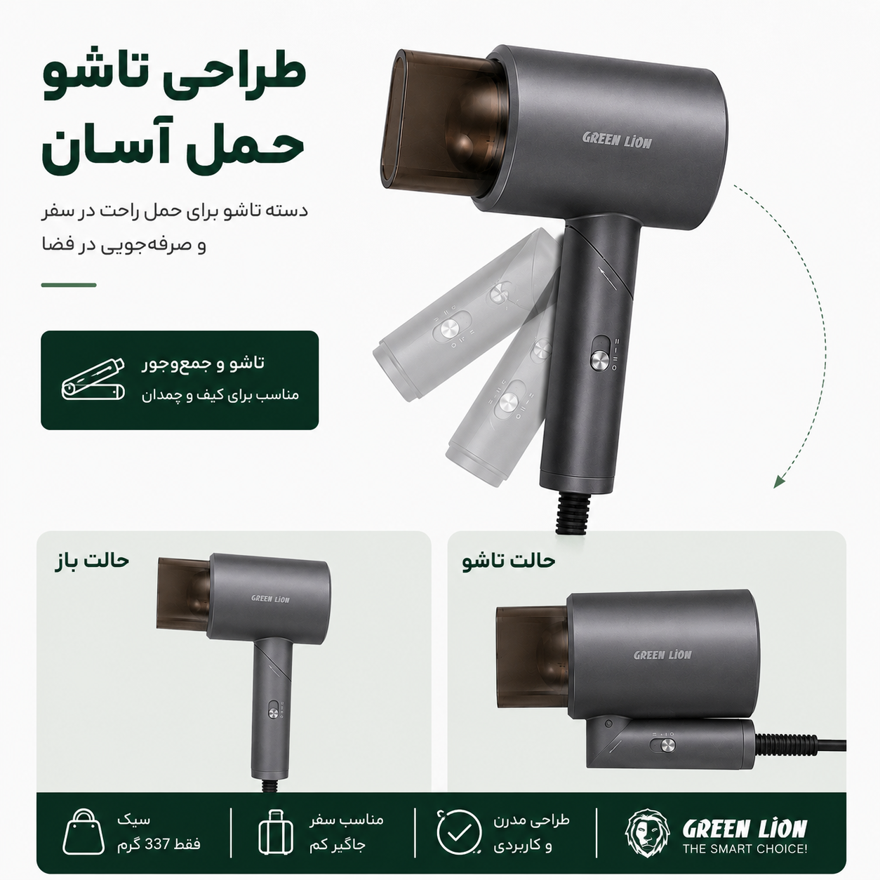 سشوار تاشو گرین لاین Green Lion کمصدا 1200 وات 3 حالت تنظیم باد و دما مناسب سفر