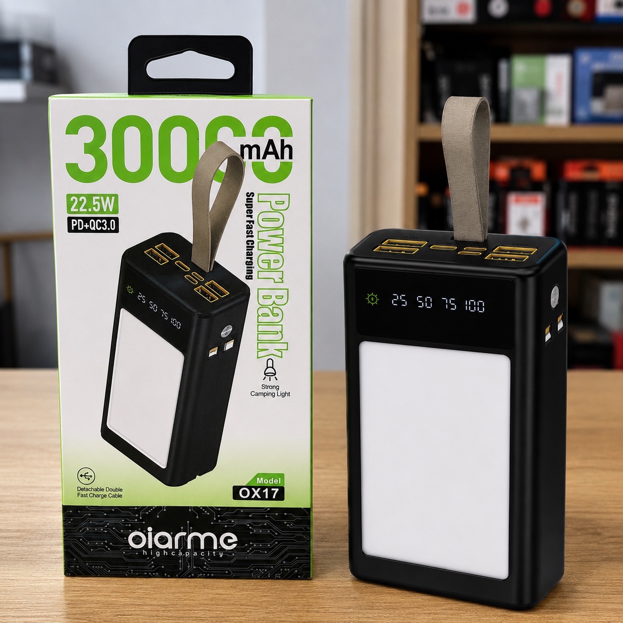 پاوربانک 30000 میلی آمپری Oiarme OX17 شارژ سریع 22.5 وات + چراغ کمپینگ LED