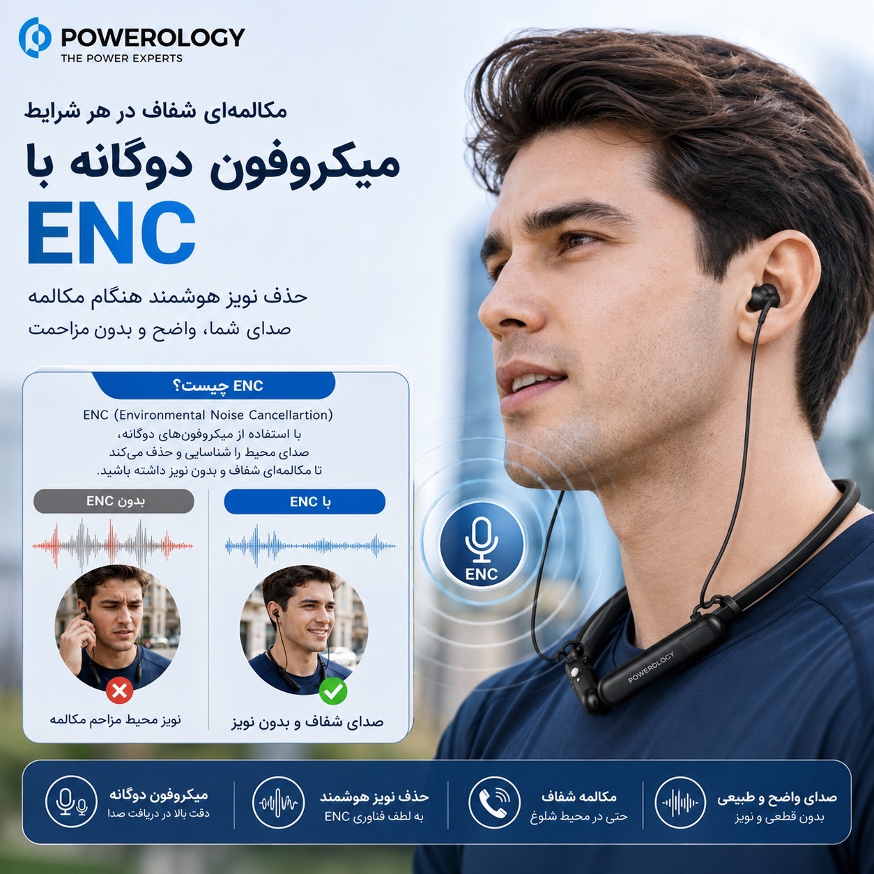 هدست گردنی Powerology VOIX ENC با 60 ساعت شارژدهی، ENC، بلوتوث 6.0