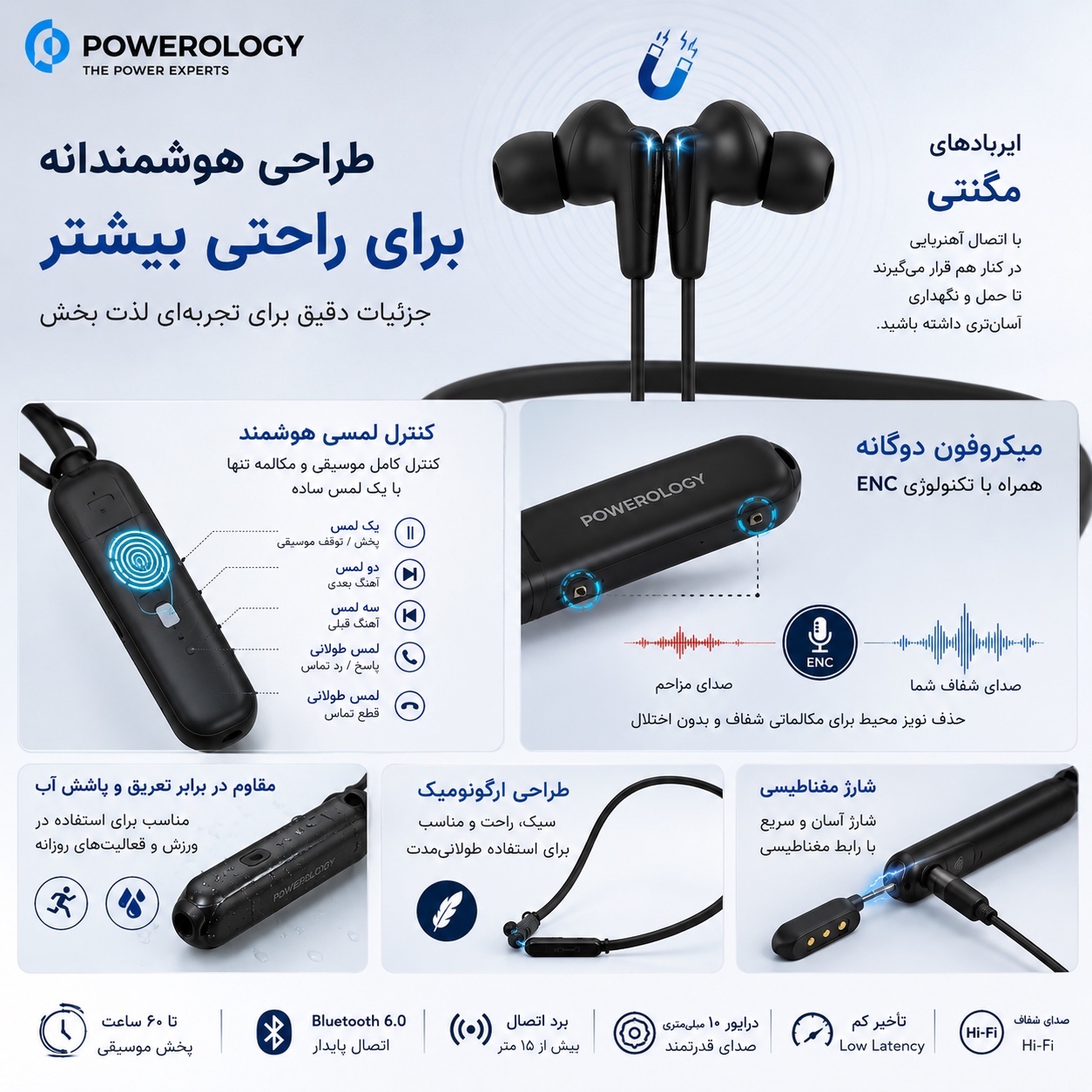 هدست گردنی Powerology VOIX ENC با 60 ساعت شارژدهی، ENC، بلوتوث 6.0