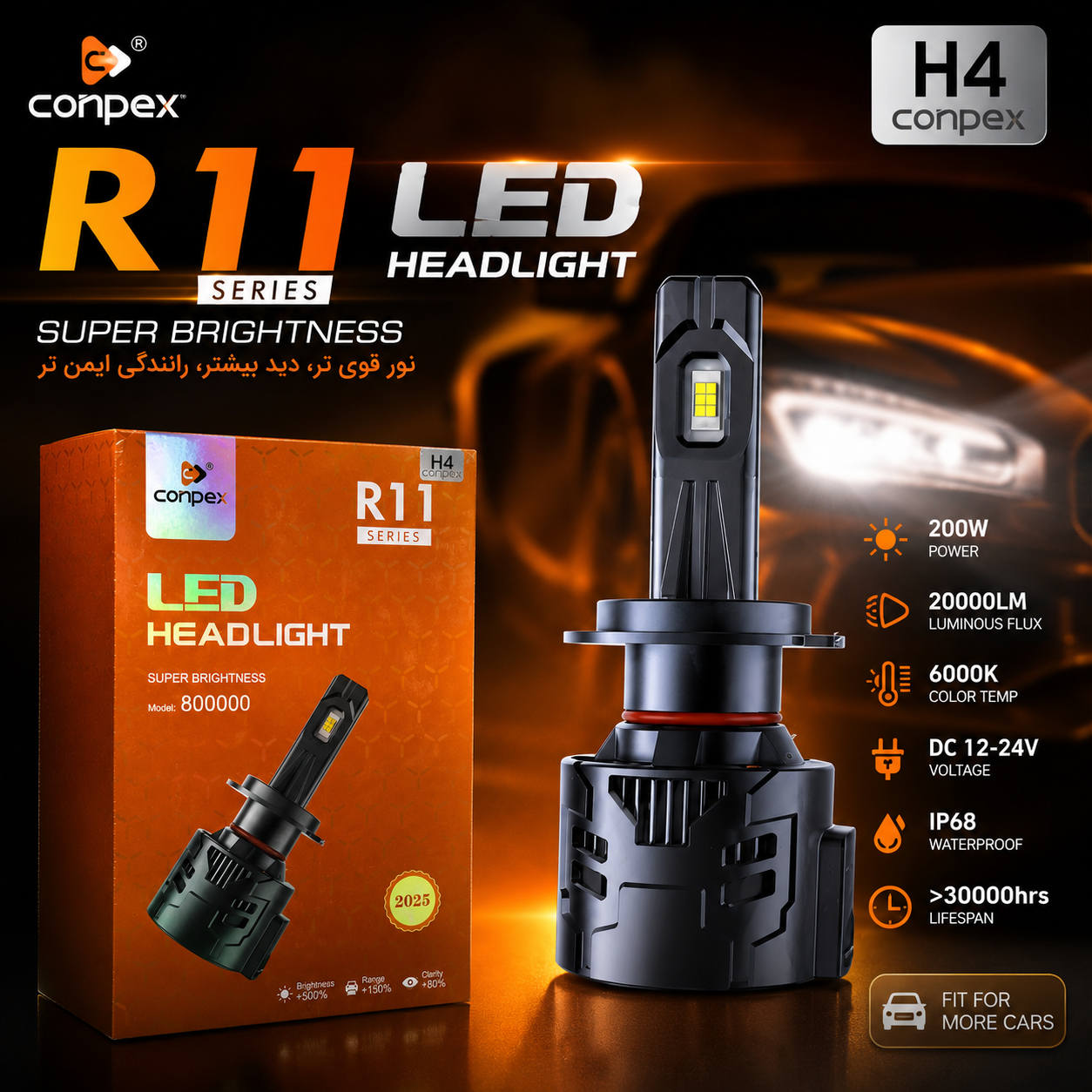 هدلایت Conpex R11 H4 نور سفید 6000K و 20000 لومن خط کات دقیق