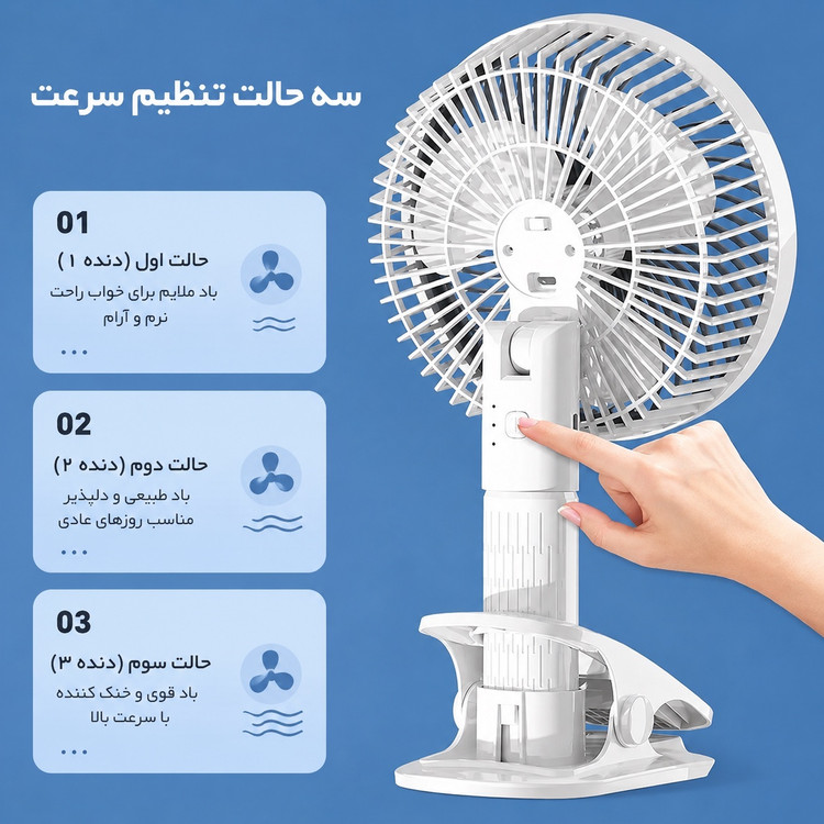 پنکه رومیزی شارژی چندکاره Q8 پایه دار، گیره ای، آویزی و دستی شارژ Type-C