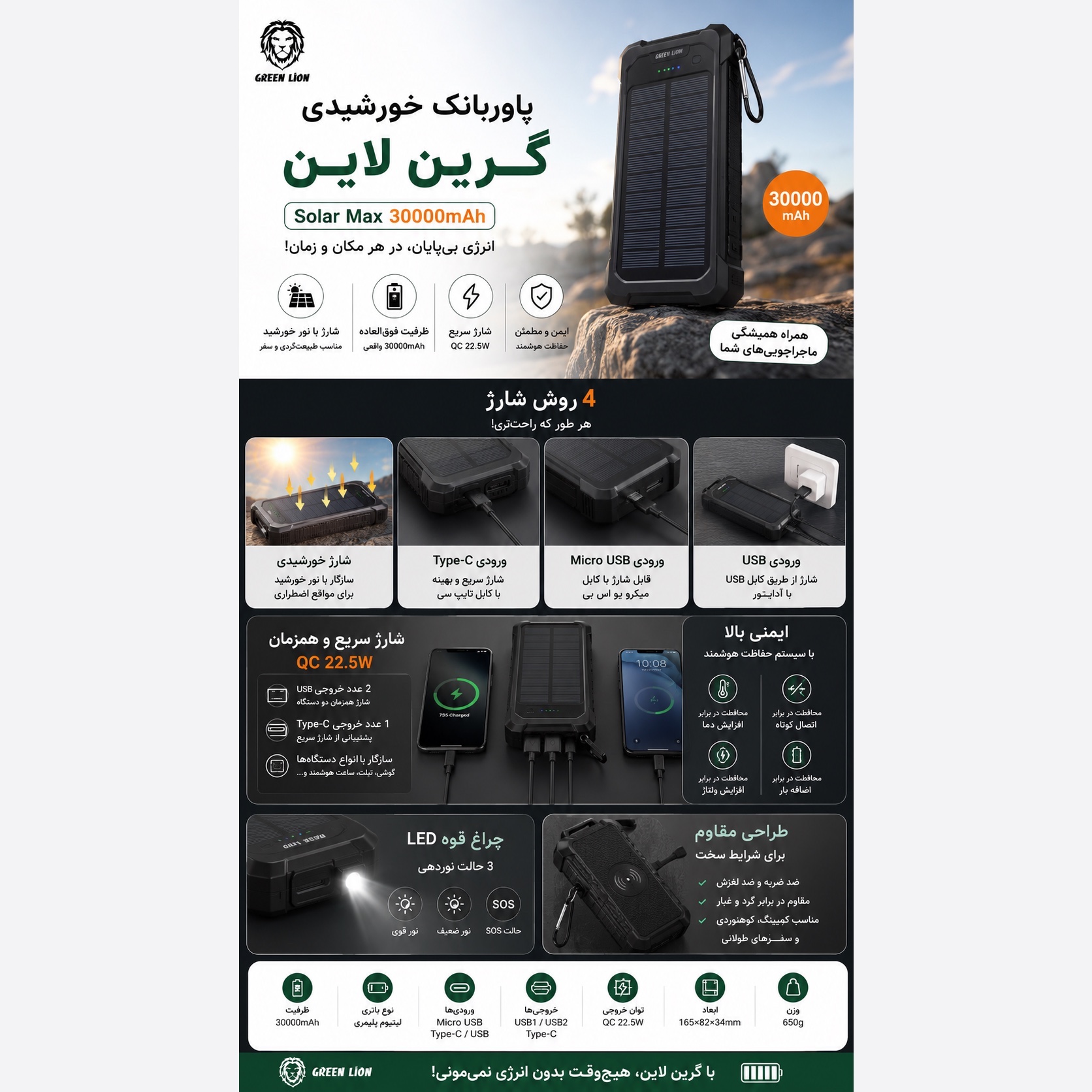 پاوربانک خورشیدی گرین لاین Solar Max ظرفیت 30000 فست شارژ