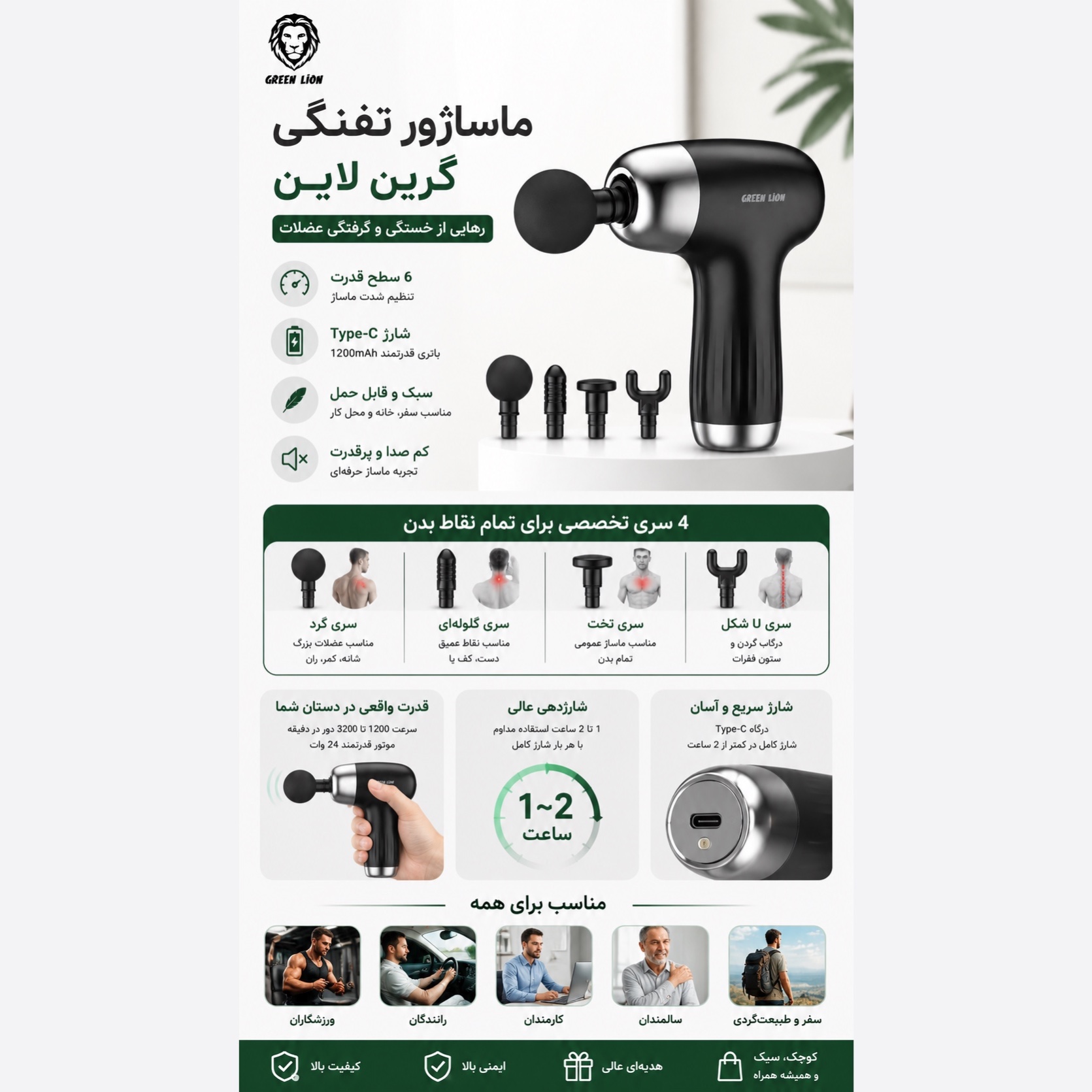 ماساژور تفنگی گرین لاین - رفع خستگی و گرفتگی عضلات با 6 سرعت