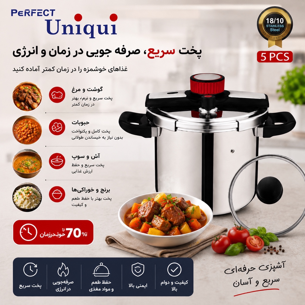 زودپز استیل یونیک 7 لیتری استیل 18/10 درب شیشه ای 5 پارچه