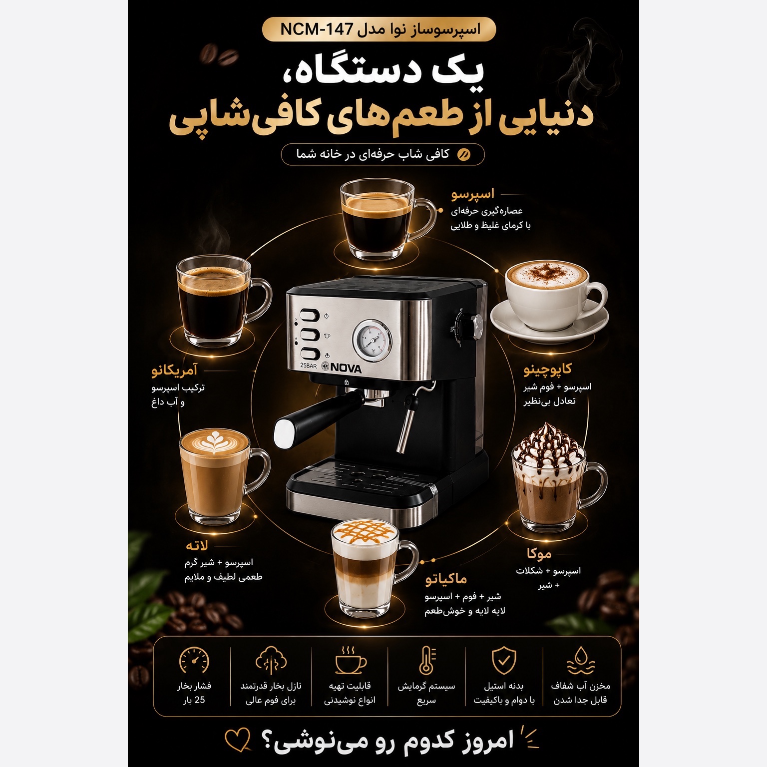 اسپرسوساز نوا اصل مدل NCM-147 با گارانتی 25 بار