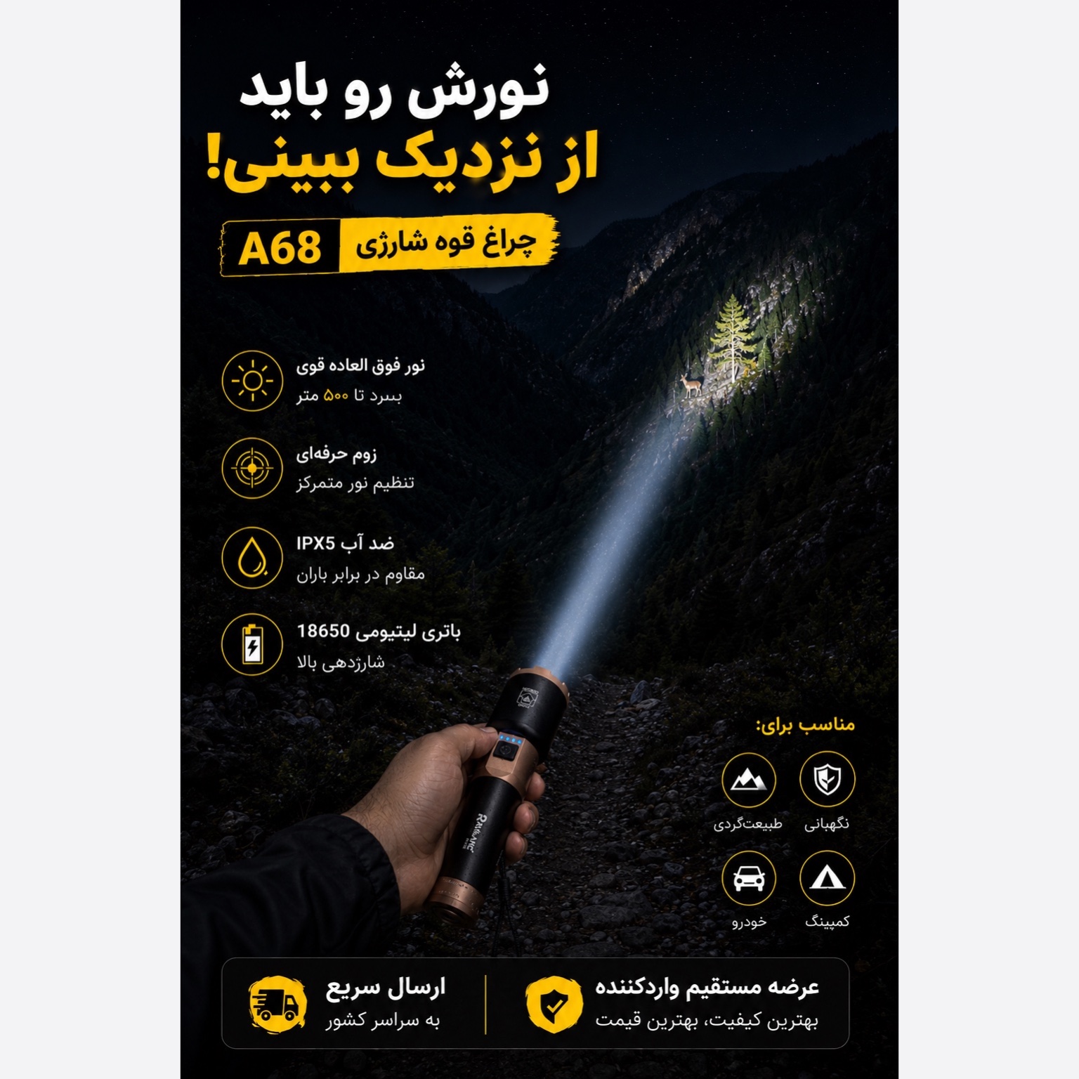 چراغ قوه زومدار رویلانگ A68 نور قوی باتری 18650 ضد آب برد بالا