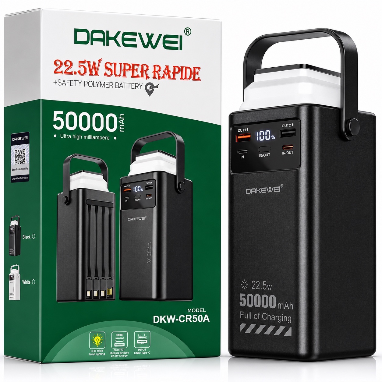 پاوربانک 50000 میلی آمپری DAKEWEI شارژ سریع 22.5 وات همراه کابلهای داخلی و نمایشگر دیجیتال