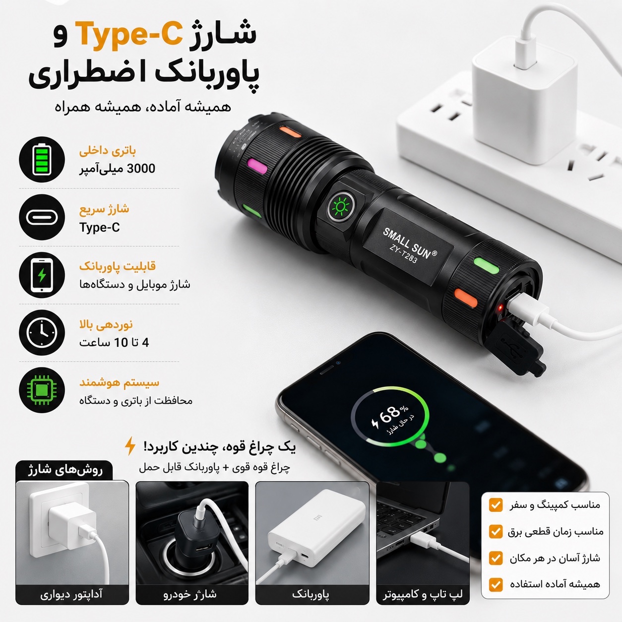 چراغ قوه حرفه ای زومدار SMALL SUN ZY-T283 شارژی برد 520 متر پاوربانک ضدآب