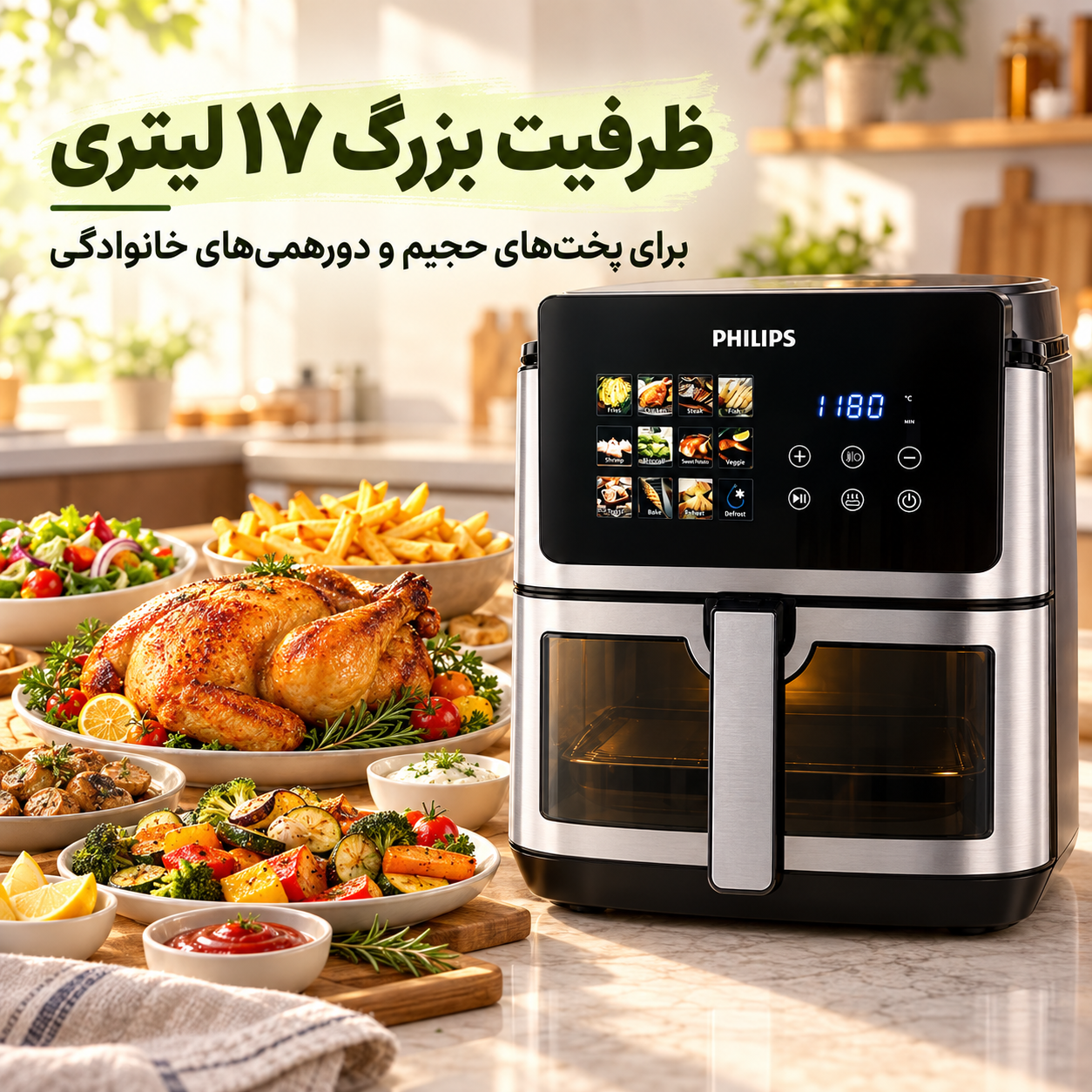 سرخکن بدون روغن فیلیپس PH-9285 بزرگ 17 لیتری ، 7000 وات، وایفای دار و المنت دوگانه و قابلیت یخزدایی