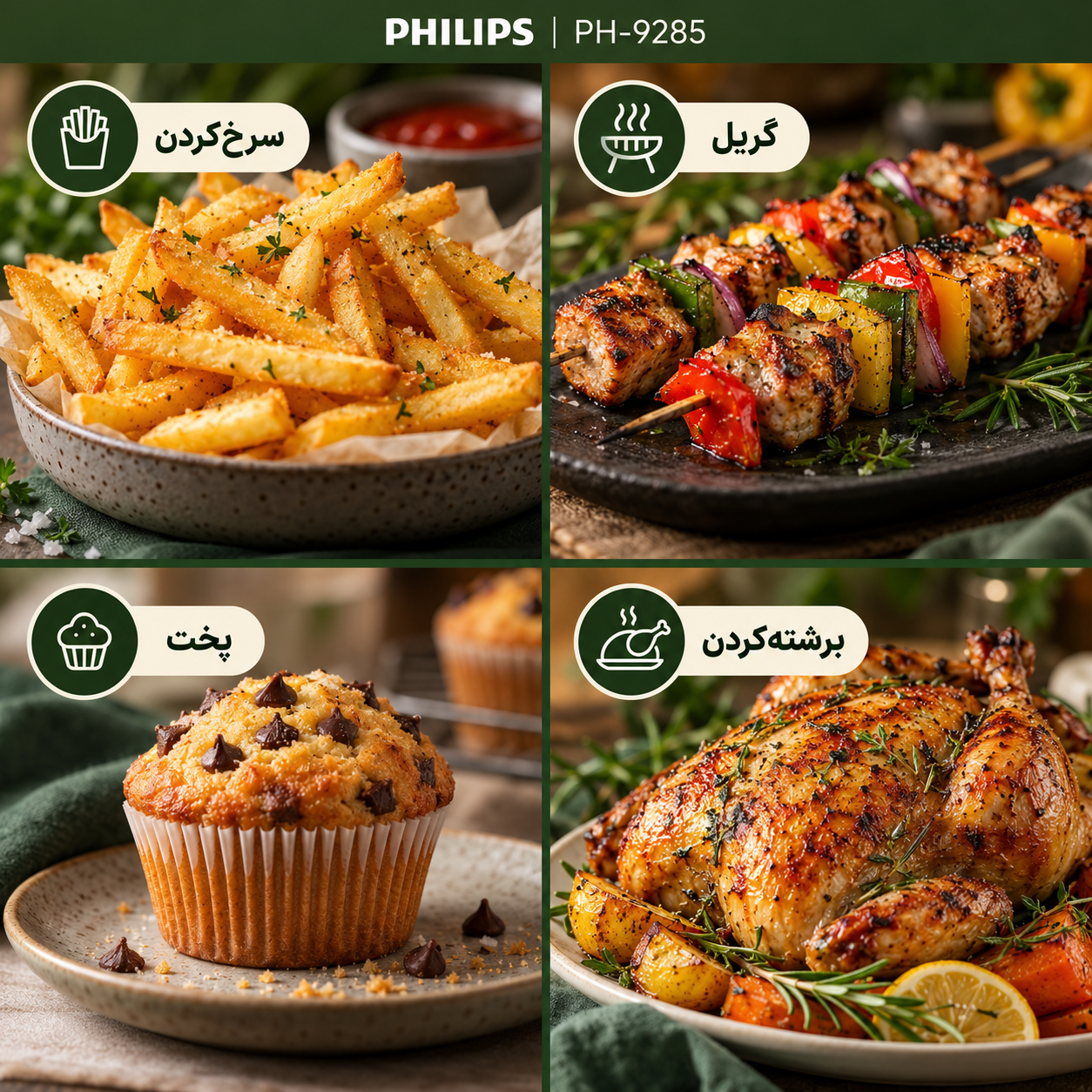 سرخکن بدون روغن فیلیپس PH-9285 بزرگ 17 لیتری ، 7000 وات، وایفای دار و المنت دوگانه و قابلیت یخزدایی