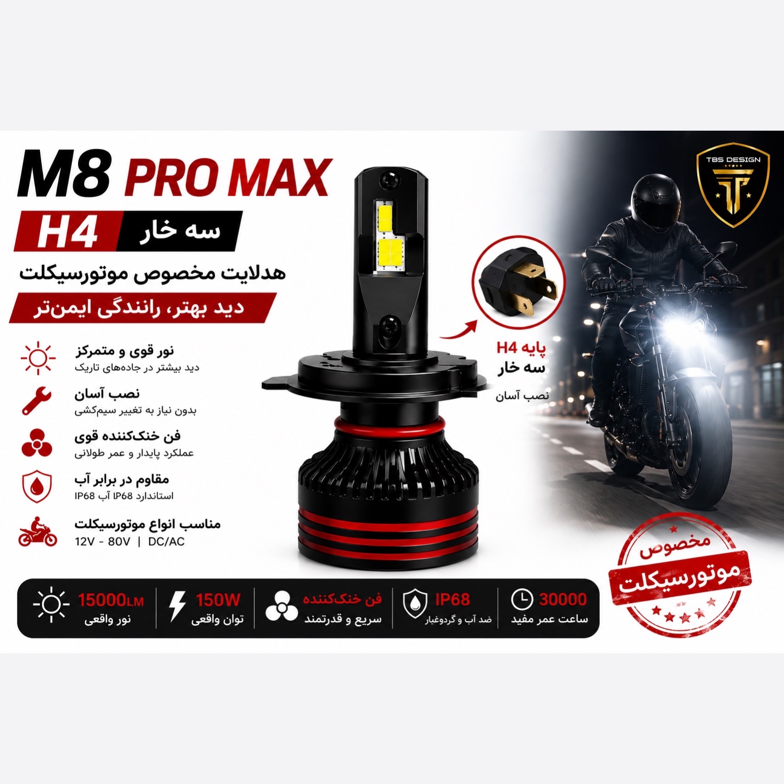 هدلایت تکی موتور سیکلت M8 Pro توبیز پایه H4 با گارانتی