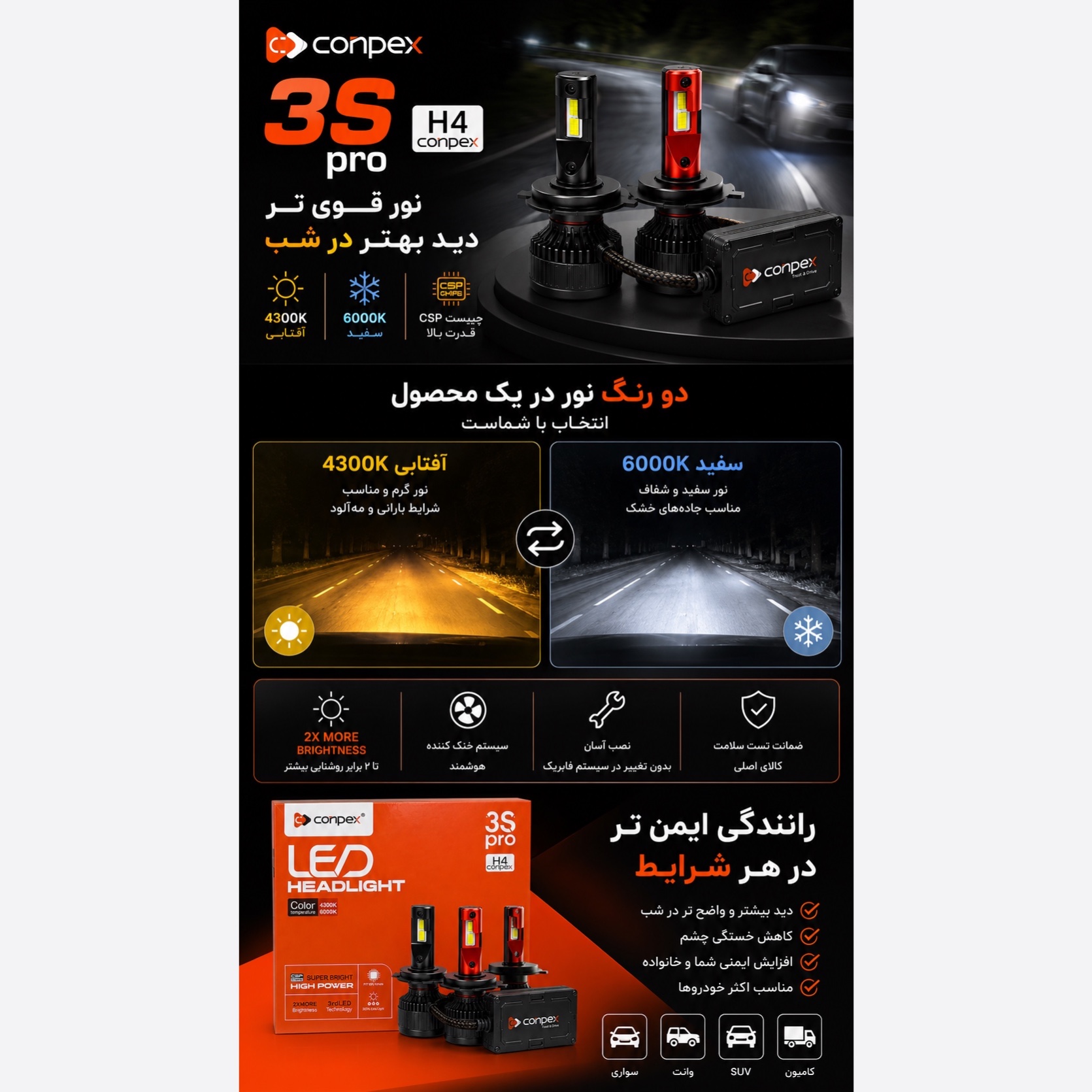 هدلایت کانپکس دو رنگ 3S PRO پایه H4 با گارانتی